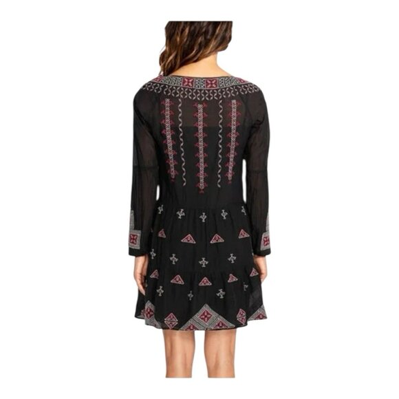 Johnny Was Black Embroidered Dress M Ava Peasant Black Red Long Sleeve EUC - Picture 6 of 9